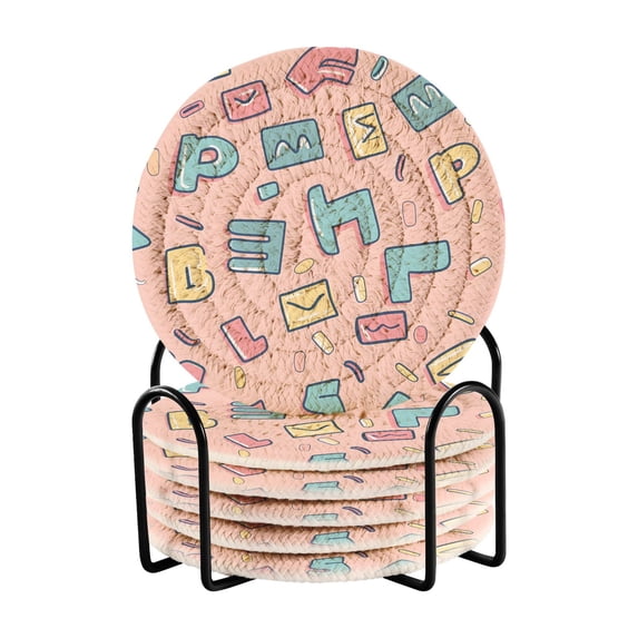 Cartoon Letter and Character Coasters with Holder for Coffee Table 6 Pcs Drink Coaster Sets Absorbent for Home Decor 4 inch