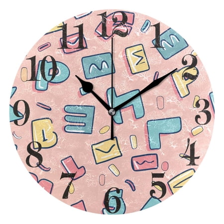 Cartoon Letter and Character Round Wall Clock Battery Operated Silent Non-Ticking Bedroom Office Kitchen Home School Decor 10"(Black)