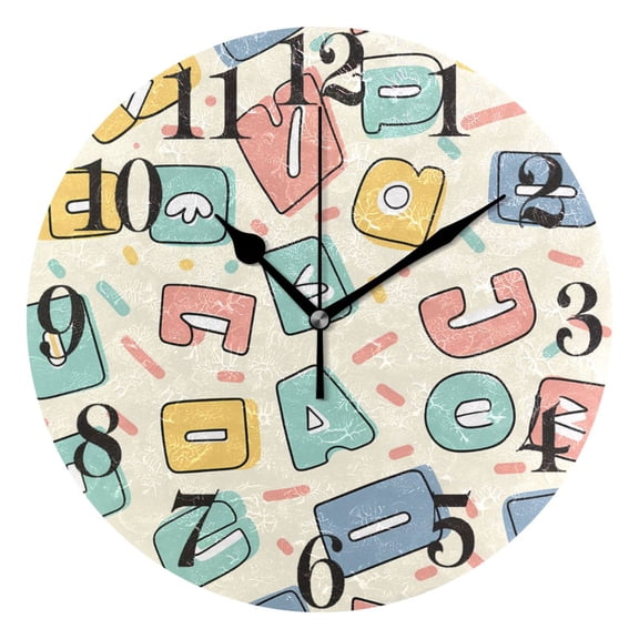 Cartoon Letters Round Wall Clock Battery Operated Silent Non-Ticking Bedroom Office Kitchen Home School Decor 10"(Black)