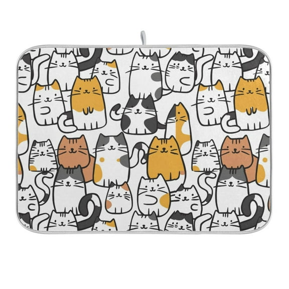 Cartoon Line Cats Dish Drying Mat 16x18 Absorbent Microfiber Draining Rack Pad for Kitchen Counter Sink