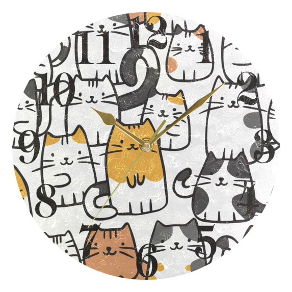 Cartoon Line Cats Round Wall Clock Battery Operated Silent Non-Ticking Bedroom Office Kitchen Home School Decor 10"(Gold)