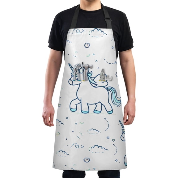 Cartoon Line Unicorn Kitchen Apron with 2 Pockets Adjustable waterproof Cooking Aprons for Women Men Chef