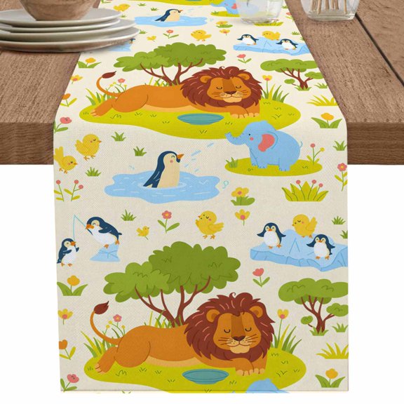 Cartoon Lion Elephant Green Tree on Beige Table Runner-36 Inch Long Animal Focus Table Runners Linen Burlap Tablerunner for Kitchen Dining Room Holiday Party