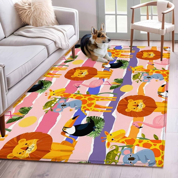 Cartoon Lion Giraffe Koala Bird Area Rugs 3x5 ft Cute Animal Leaf Pink Purple Stripe Washable Rug Non Slip Indoor Carpet Absorbent Floor Mat for Living Room Bedroom Dining Room