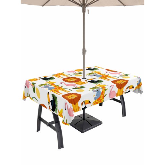 Cartoon Lion Giraffe Koala Bird Rectangle Outdoor Tablecloth with Umbrella Hole Funny Cute Animal Leaf 60x120 Inch Waterproof Table Cover Zippered Table Cloth for Garden Patio