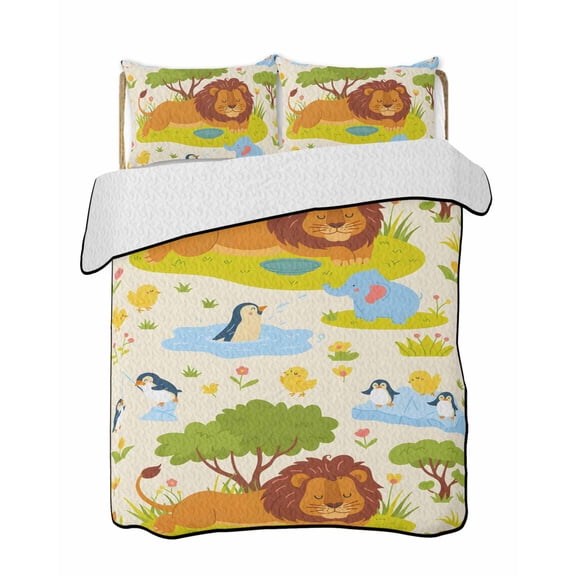 Cartoon Lion Quilts Bedding Set Twin Size Penguins Chicken Lightweight Quilted Bedspread 3 Piece Bed Quilt with 2 Pillow Shams All Season for Bedroom 68" x 86"