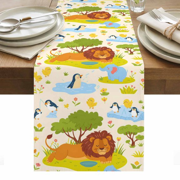 Cartoon Lion Table Runner 13 x 36 Inch, Penguins Chicken Washable Cotton Linen Dining Table Runner Tabletop Decorations for Restaurant Home Kitchen Party