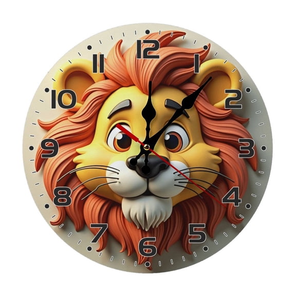 Cartoon Lion Wall Clock 10 Inch Silent Non Ticking Round Wooden Clock Decoration for Living Room Kitchen Bedroom Bathroom Office Classroom