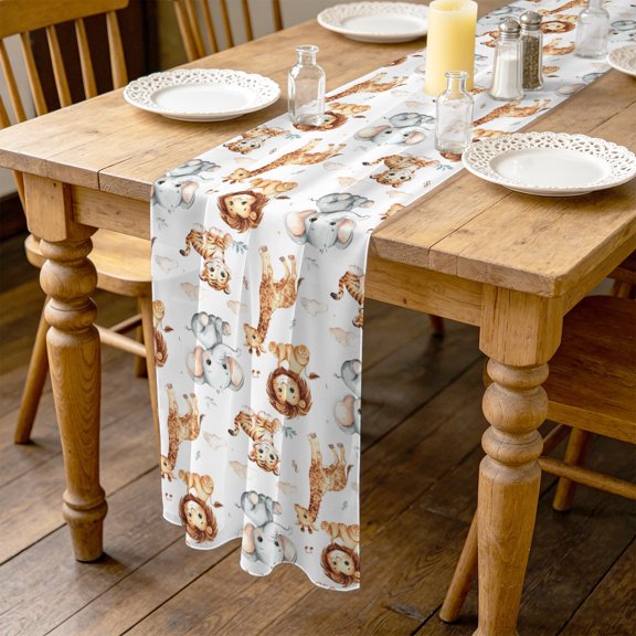 Cartoon Lions Giraffe Tiger 4.5ft Cheesecloth Table Runner for Wedding 19"x55", Cute Animal Leaf Musical Note Kitchen Dinner Sheer Tulle Chiffon Dresser Scarf, Holiday Party Decorations
