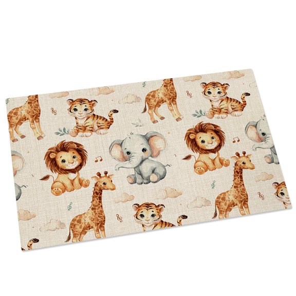 Cartoon Lions Giraffe Tiger Door Mat 16x24 Inch Cute Animal Leaf Musical Note Linen Entryway Rug with Non-Slip Rubber, Front Door Mat Indoor Floor Mats for Living Room Bathroom Bedroom Home Office