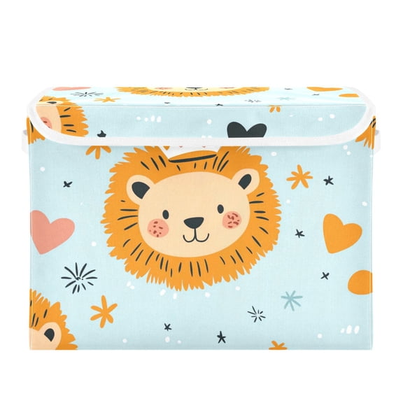 Cartoon Lions with Crowns Stars Hearts Foldable Storage Bin with Lid and Handle Collapsible Storage Box 16.5 x 12.6 x 11.8 inches