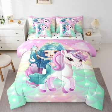 Cartoon Mermaid Comforter Set 7 Piece Bed in a Bag Twin,Rainbow Unicorn Horse Bedding Sets Gradient Pink Fish Scale Sheet Set with Comforter