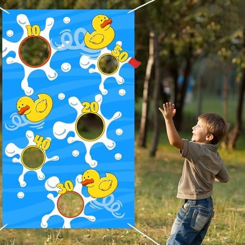 Cartoon Little Yellow Duck Toss Games Banner Backdrop Background Photo Booth Props Animals Theme Decor for Indoor Outdoor Ducky Duck Bday 1st Birthday Party Baby Shower Favors Supplies Decorations