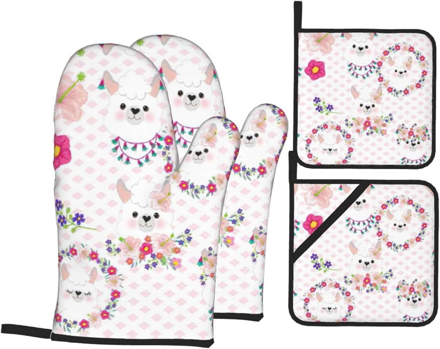 Cartoon Llama Alpaca Oven Mitts and Pot Holders Sets for Kitchen 4 Pcs 7"X11" Heat Resistant Baking Cooking