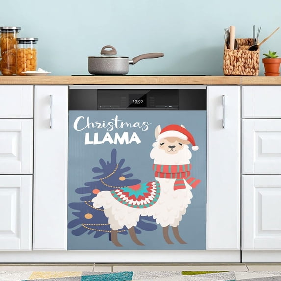 Cartoon Llama Christmas Dishwasher Magnet Cover, Refrigerator Door Cover Magnectic Sticker Kitchen Panel Decal Appliances Decor 23x26inch