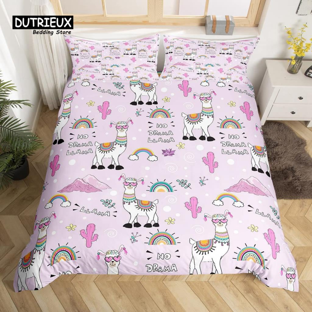 Cartoon Llama Duvet Cover Cactus Bedding Set Cute Animal Comforter