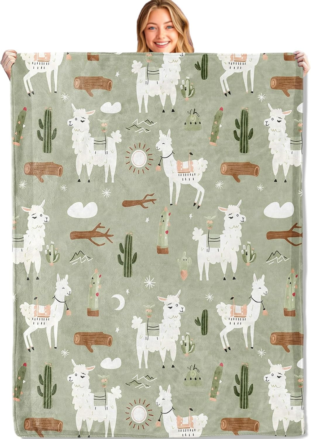 Cartoon Llama Green Throw Blanket 60x80in, Soft Lightweight Flannel, Animals Desert Star Moon Cactus Wood Heart Blankets - Gifts for Woman, for Couch Office Travel Home Living Room Party Decor
