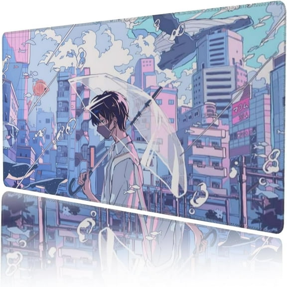 Cartoon Long Mouse Pad XXL Extended Anime Boy Mousepad Large Stitched Edges Gaming Mouse Mat Powder Blue Office Desk Pads with Non-Slip Rubber Base(Size:31.5x11.8in)