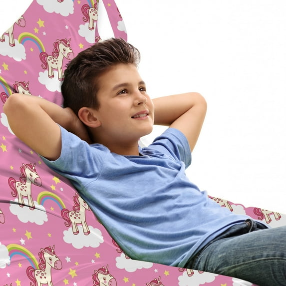 Cartoon Lounger Chair Bag, Unicorns Standing Clouds Rainbows and Stars on a Pink Skyline Print, High Capacity Storage with Handle Container, Lounger Size, Pink Yellow White, by Ambesonne
