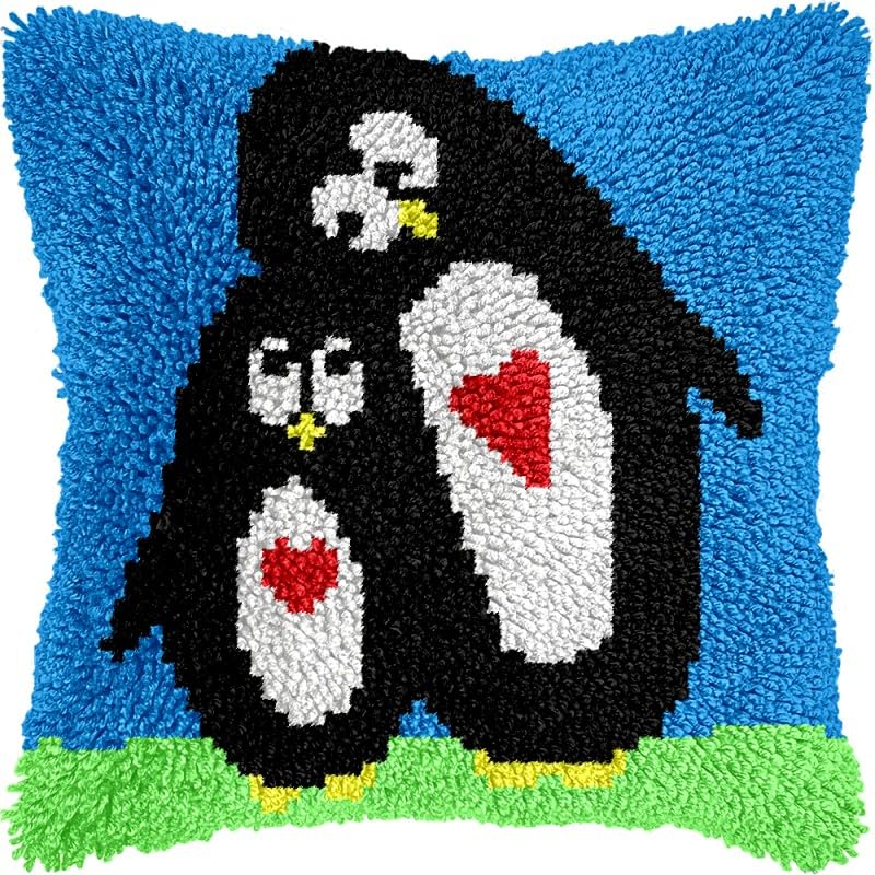 Cartoon Love Penguin Latch Hook Pillows Kits Cushion Pillow Cover with Pattern Printed Canvas Sofa Hooking Pillowcase Crafts Embroidery Latch Hooking Crochet Kits Set 17x17 inch(1)