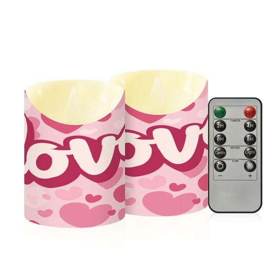 Cartoon Love Text Pink Hearts Valentine Flickering Flameless Candles with Remote Timer Battery Operated LED Tealight Set of 2 M