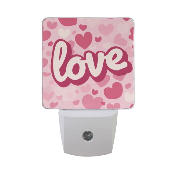 Cartoon Love Text Pink Hearts Valentine LED Night Light Sensor Lamp Plug-in Adjustable Brightness 2 Pack