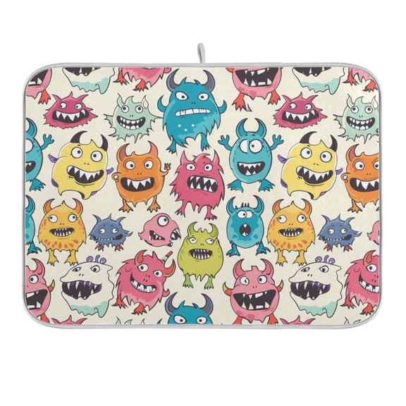 Cartoon Lovely Monsters Dish Drying Mat 16x18 Absorbent Microfiber Draining Rack Pad for Kitchen Counter Sink