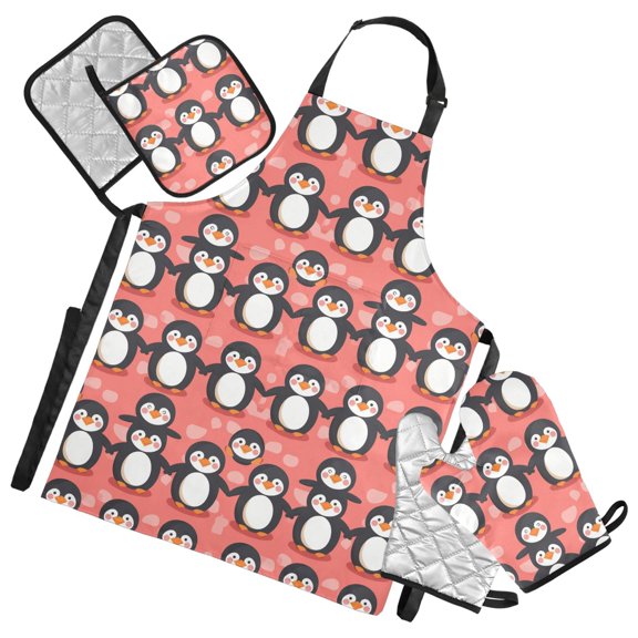 Cartoon Lovely Penguins 5 Pcs Kitchen Set Heat Resistant Oven Mitts and Non-Slip Pot Holders with Adjustable Cooking Apron