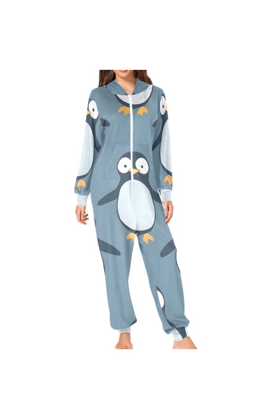 Cartoon Lovely Standing Penguins Adult's Hoodie Onesie Jumpsuit One-Piece Pajamas with Zipper Unisex for Holiday M