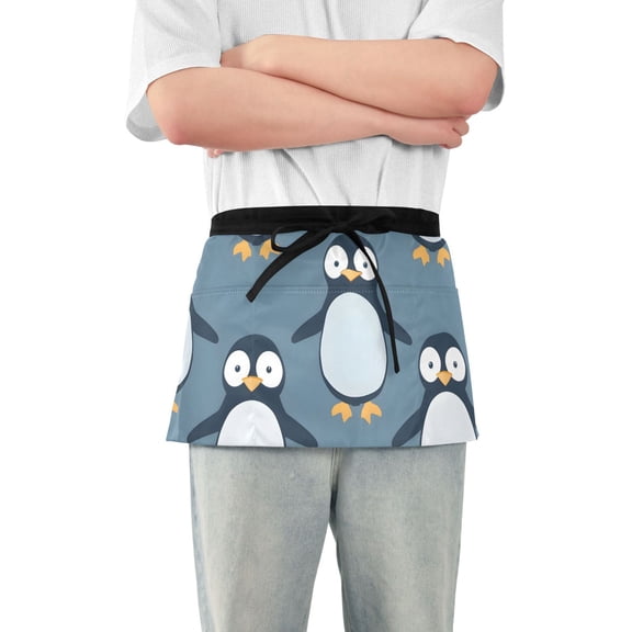 Cartoon Lovely Standing Penguins Short Server Apron with 3 Pockets for Unisex Chef Gardening