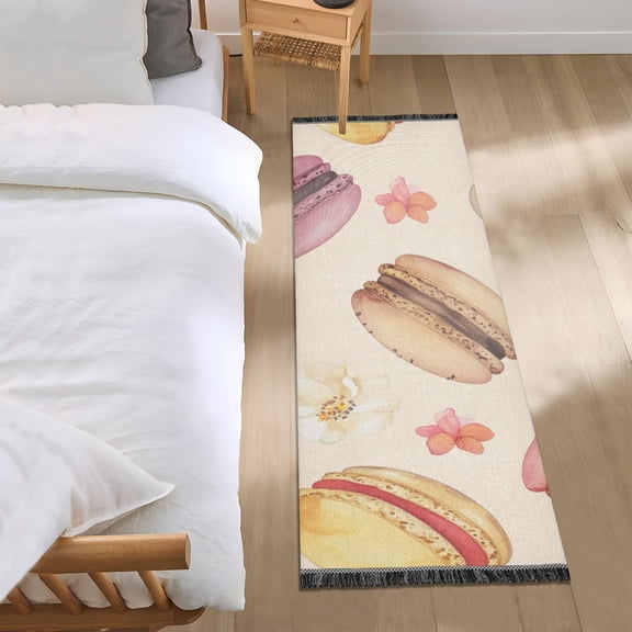 Cartoon Macarons and Floral Bedside Runner Rug 2'x 6' Non Slip Carpet Floor Mat Area Rug