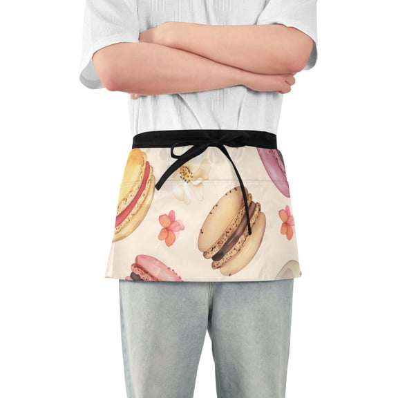 Cartoon Macarons and Floral Short Server Apron with 3 Pockets for Unisex Chef Gardening