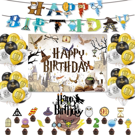 Cartoon Magical Birthday Party Decorations Kit, Magic Theme Birthday Party Supplies Include Happy Birthday Banner, Backdrop ,Balloons , Cake Toppers for Magic School Party Theme Supplies