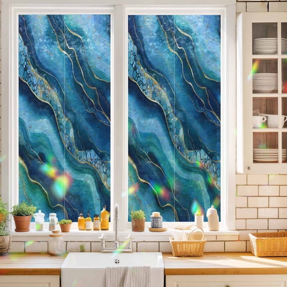 Cartoon Marble Texture Wave Bubble Window Privacy Film,Decorative Windows Static Cling Abstract Gradient Art Heat Control Removable Glass Sticker for Home Bathroom Bedroom Window Door,17.7x39.3in