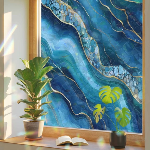 Cartoon Marble Texture Wave Bubble Window Privacy Film, Rainbow Film Decorative Window Sticker 17.7x39.3in, Abstract Gradient Art Sun Blocking Static Stained Glass Cling Tint Non-Adhesive