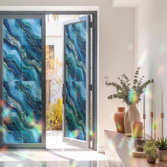 Cartoon Marble Texture Wave Bubble Window Privacy Film, Rainbow Film Decorative Window Sticker 23.6x78.7in, Abstract Gradient Art Sun Blocking Static Stained Glass Cling Tint Non-Adhesive