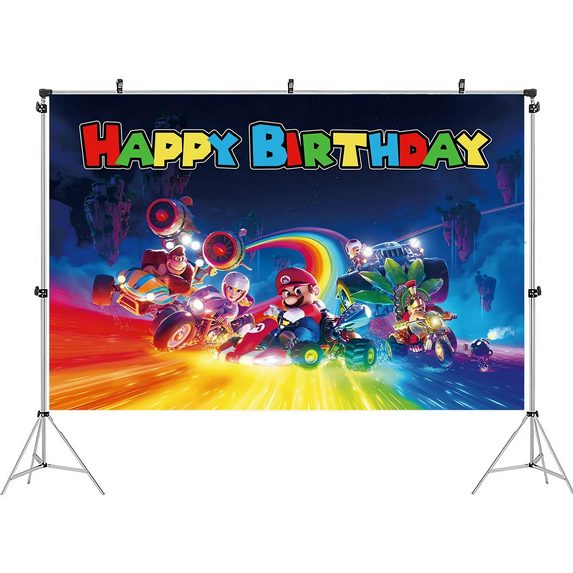 Cartoon Mario Happy Birthday Backdrop Large Banner with Theme Party Supplies 5.9x3.6ft