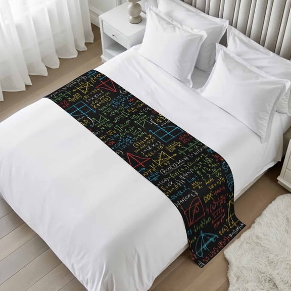 Cartoon Math Bed Runner Scarf, Abstract Number Chart Pattern Geometric Twin Bed Scarf Runner, No Fading Decorative Bedding Scarf for Bedroom Hotels Homes and Guestrooms