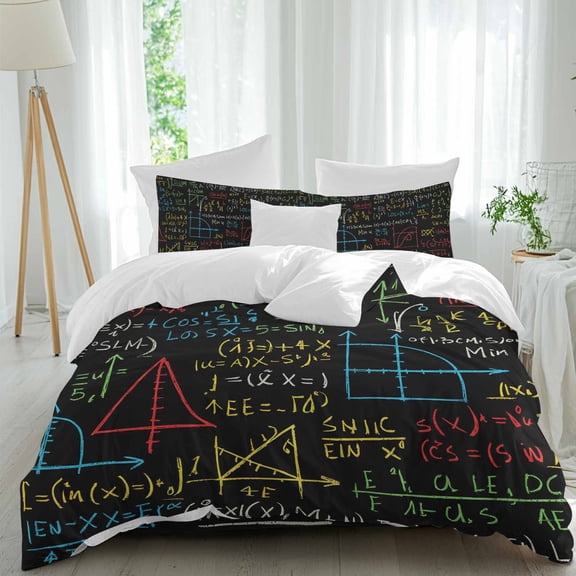 Cartoon Math Queen Size Comforter Set, Abstract Number Chart Pattern Geometric Bedding for All Seasons, 4 Pcs Bed Set, 1Quiltcover (90"x92") ,1Sheet(94"x116"), 2Pillowcases (30"x20")