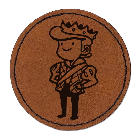 Cartoon Medieval Prince Royalty Crown Round Iron-On Engraved Faux Leather Patch Applique - 2.5 Inch - Brown