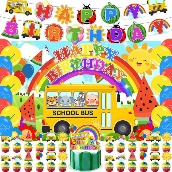 Cartoon Melon Birthday Party Supplies with 1Pcs Cartoon Melon Theme Banner,1 Pcs Backdrop,25 Pcs Caketoppers,18 Pcs Ballon for kids Anime Birthday Baby Shower Party Decorations