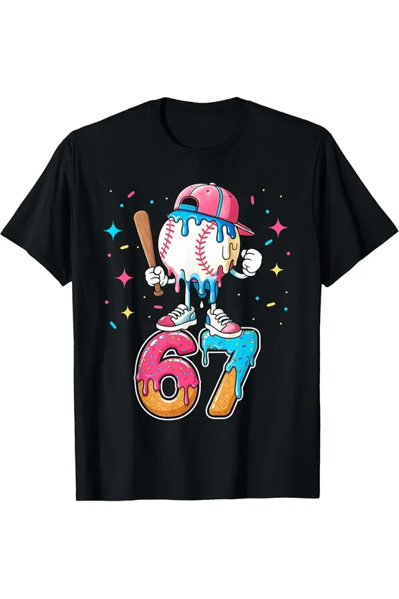 Cartoon Melting Baseball Number 67 Funny Sports Fan Graphic T-Shirt
