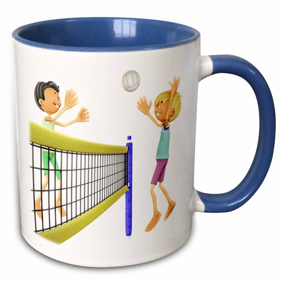 3drose, Cartoon Men Playing Beach Volleyball, 15oz Two-tone Blue Mug