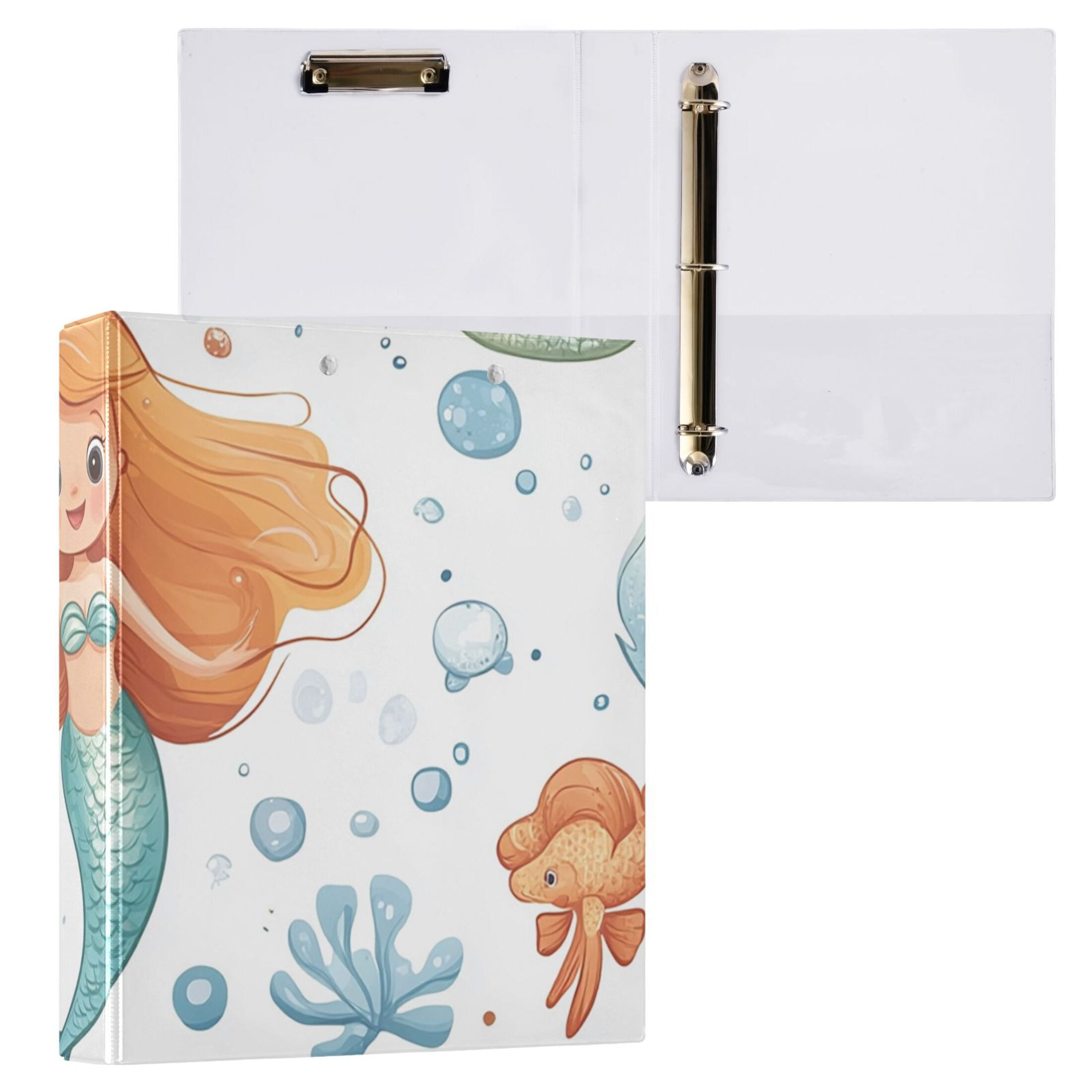 Cartoon Mermaid 3 Ring Binders 1.5 inch Hardcover File Folders with Interior Pockets A4 Size Organizer for School Office Hospital
