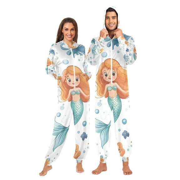 Cartoon Mermaid Adult Onesie Pajamas Slim Fit Christmas One Piece Suit Pjs for Women and Men Hooded Zipper