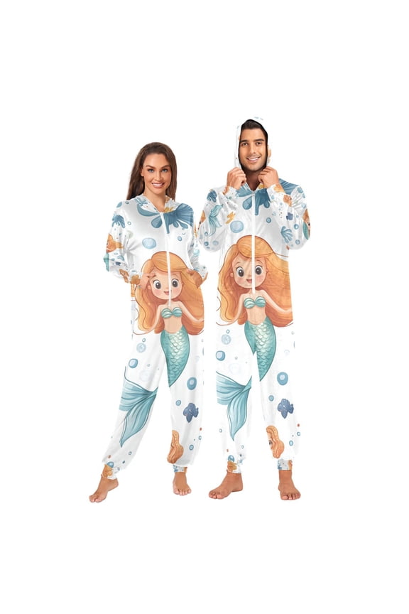 Cartoon Mermaid Adult Onesie Pajamas Slim Fit Christmas One Piece Suit Pjs for Women and Men Hooded Zipper
