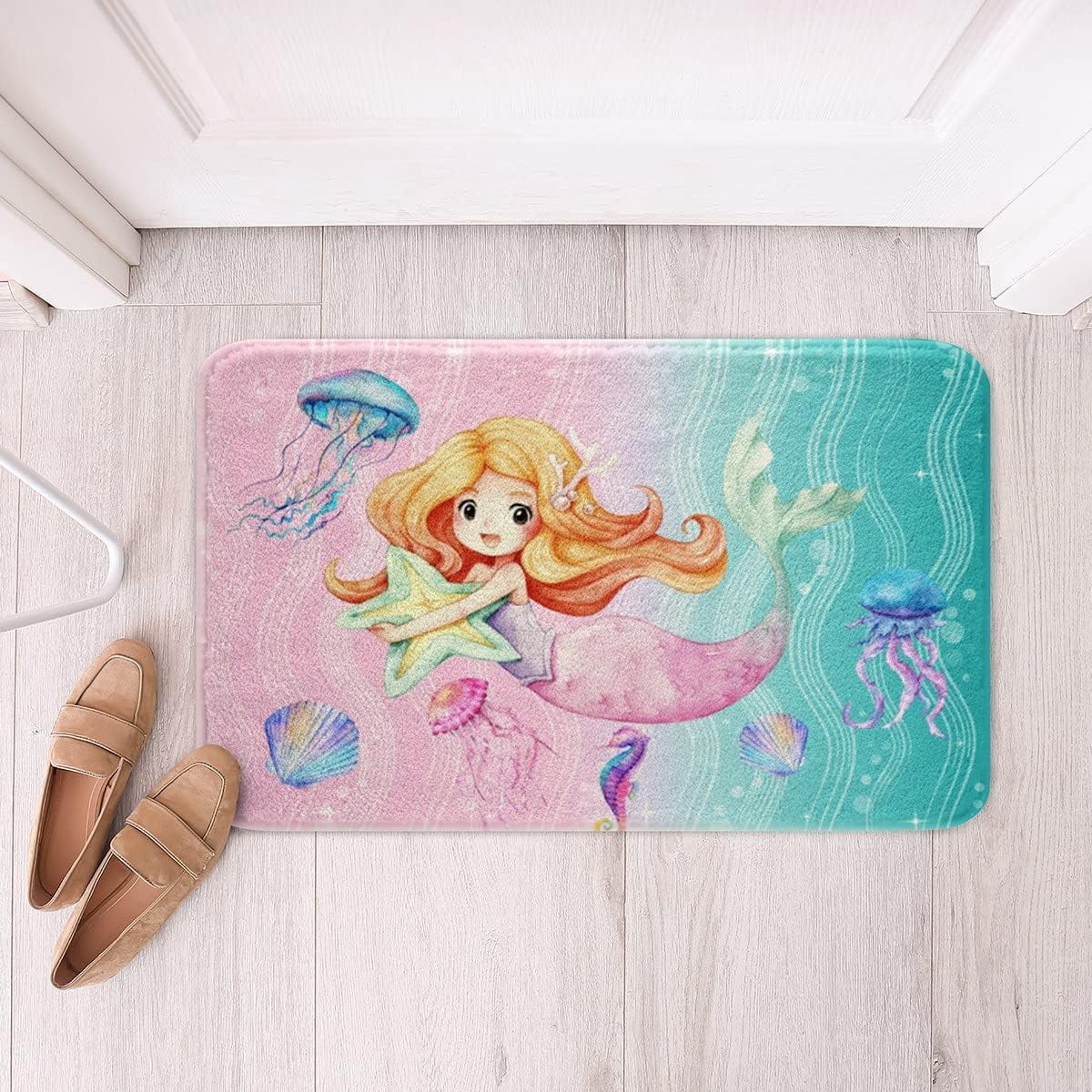Cartoon Mermaid Undersea Shaggy Bathroom Mat,Pink Green Gradient