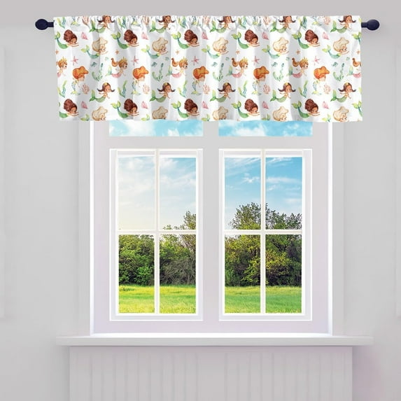 Cartoon Mermaid Valance Curtains,Ocean Theme Marine Life Coral Starfish Window Curtains,Watercolor Sealife Window Treatment Valances for Living Room,52" W X 18" L