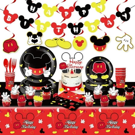 Cartoon Mickey Birthday Party Tableware Set Cute Mouse Theme Party Decoration Supplies Include Banner,Hanging Swirls Decorations,Dinner Plates,Cups,Napkins,Cutlery