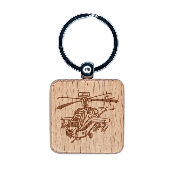 Cartoon Military Apache Attack Helicopter Chopper Square Keychain Charm Tag - Engraved Wood